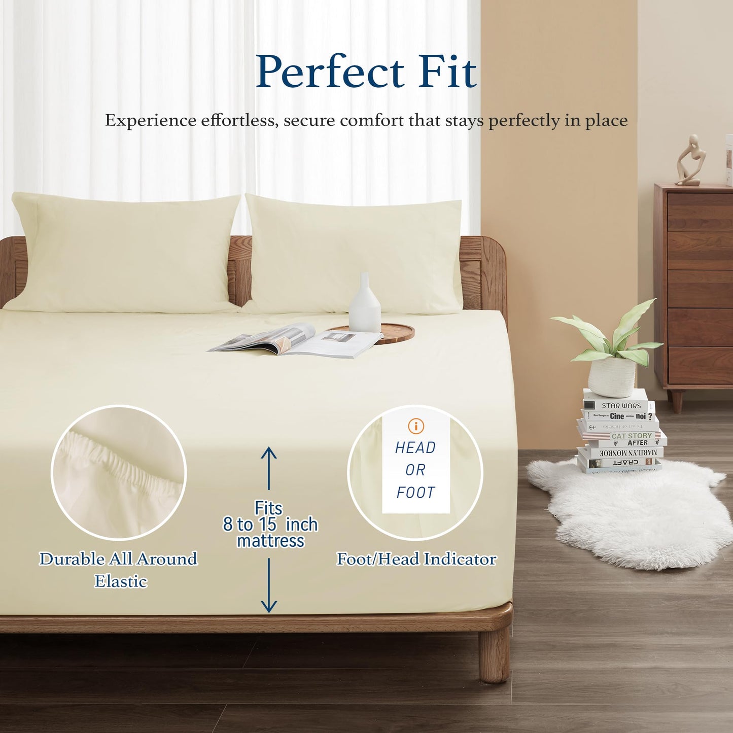 HOMTEC 100% Cotton Percale Fitted Sheet California King Size, 8-15" Deep Pocket Cooling Bottom Sheet, Breathable Soft & Crisp Fitted Sheet Only with 4 Corner Straps (Cal King, Cream)
