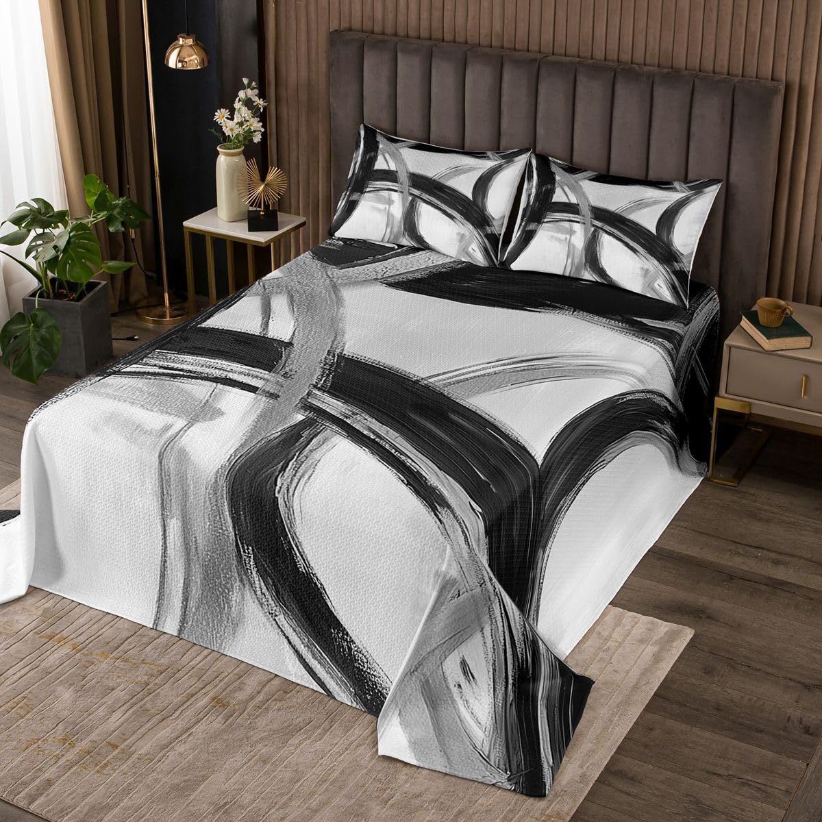 jejeloiu Black and Black Striped Bedspread King Size Abstract Gromment Stripes Coverlet Set Modern Geometric Quilted Coverlet for All Season with 2 Pillowcases Microfiber Lightweight