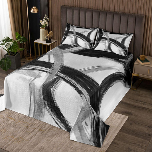 jejeloiu Black and Black Striped Bedspread King Size Abstract Gromment Stripes Coverlet Set Modern Geometric Quilted Coverlet for All Season with 2 Pillowcases Microfiber Lightweight