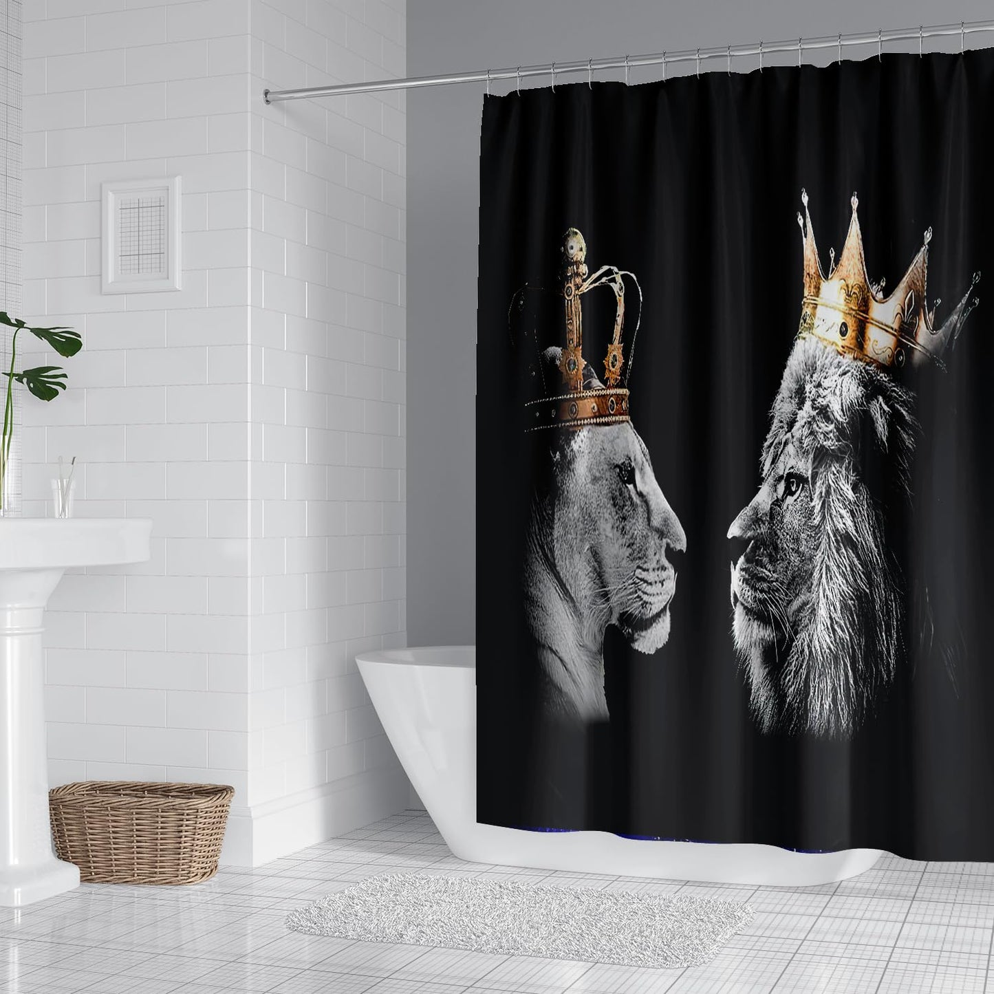 RinRinfam 4Pcs Wild Lion Shower Curtain Set, Crown African Leo Tiger Couple Curtain with Non-Slip Rug,Toilet Lid Cover,U Shape Mat,Waterproof Shower Curtain with 12 Hooks Bathroom Decor Sets,Black