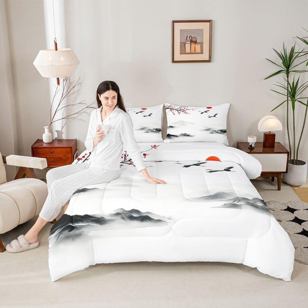jejeloiu Chinese Ink Painting Kids Comforter Set Queen Size Japanese Style Bedding Set Cherry Blossom Duvet Quilt for Kids Boys Girls Bedroom Mountain Red Sun Decor Microfiber Ultra Soft Breathable