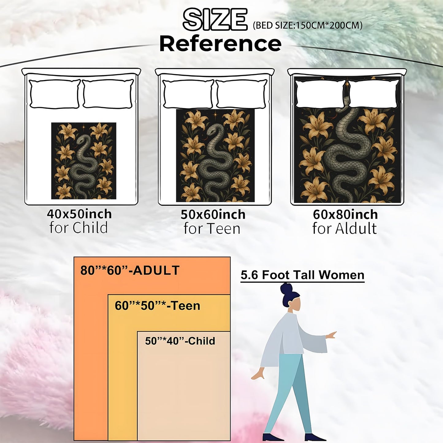 Snake Floral Throw Blanket for Adutls Kids, 50x60 in, Cozy Soft Warm Fleece Blankets Gifts for Couch, Camping, Hiking Decor