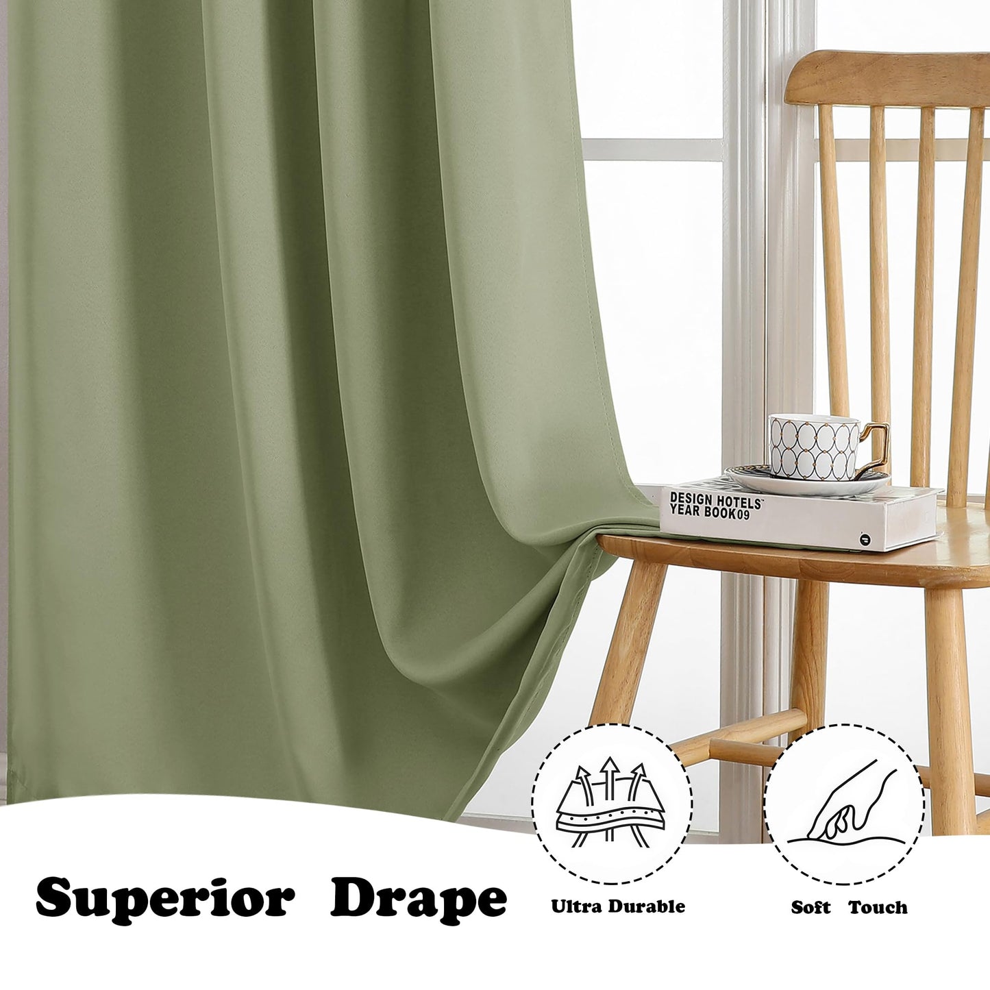 Simplebrand Sage Green Room Darkening Curtains for Bedroom 63 Inch Length 2 Panels Set, Thermal Insulated Energy Saving Curtains for Kids Room, Grommet Solid Nursery Window Treatment Drapes, W40 x L63