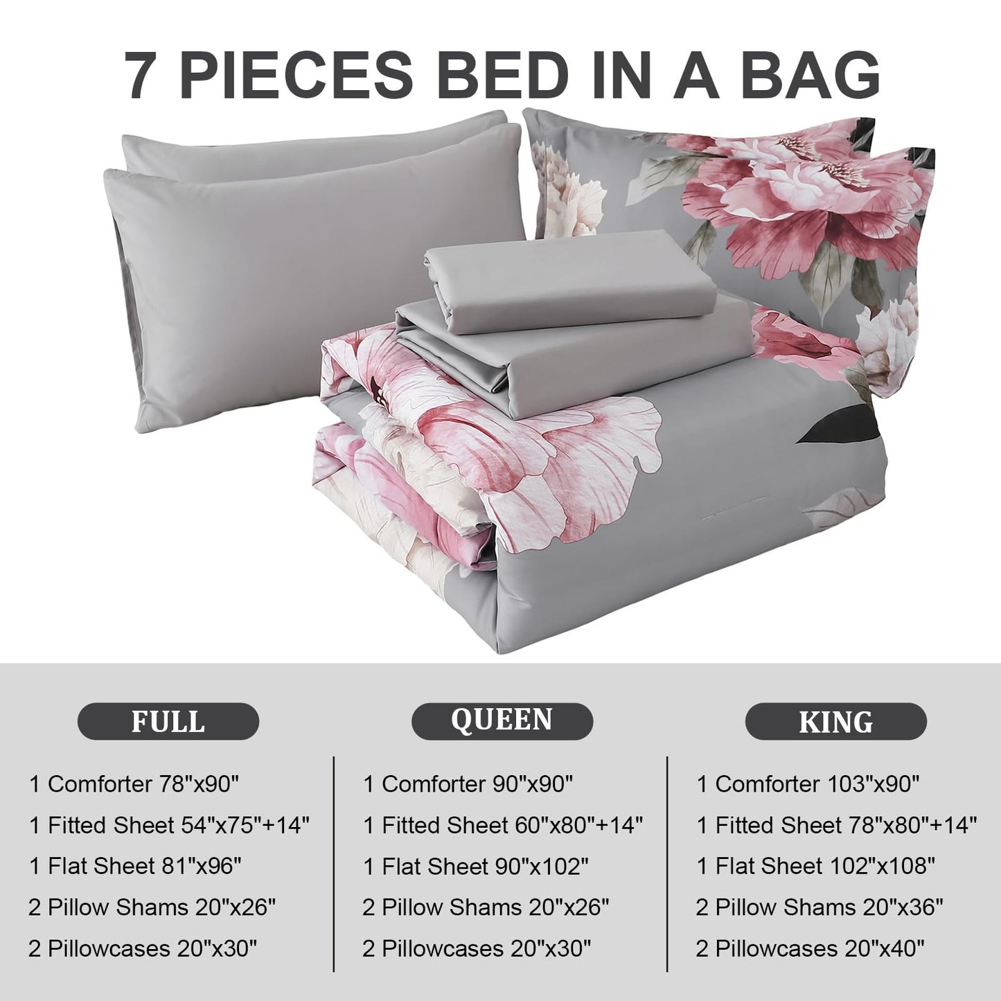 Dobuyly Pink and Grey Comforter Set Queen Size 7 Piece Bed in a Bag, Floral Printed on Gray Comforter Set with Sheets, Soft Microfiber Botanical Complete Bedding Set for All Season