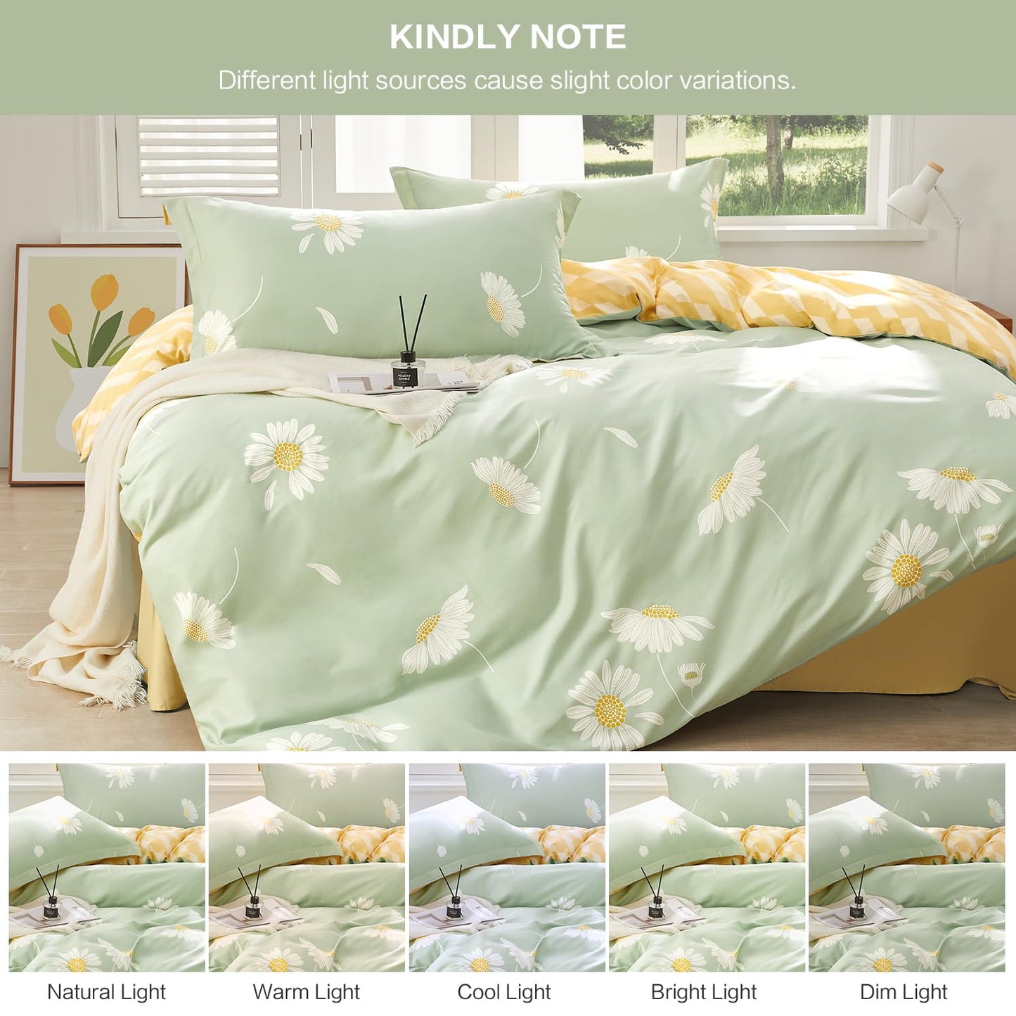 SAPHREAS Floral Daisy Duvet Cover Set Full Size 3pcs Sage Green White Flower Bedding Comforter Cover Set 100% Cotton 1 Duvet Cover 90"x80" 2 Pillow Shams, Comforter Not Included