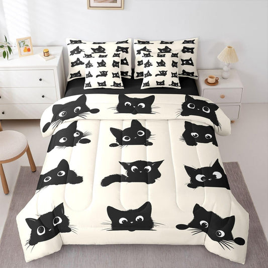 Erosebridal Cute Cat 7-Piece Bedding Set Full Size for Kids Boys Girls (Black and Beige) - Funny Black Cats Bed in a Bag Cartoon Kitten Animal Comforter Set with Sheets Cute Cat Duvet Insert