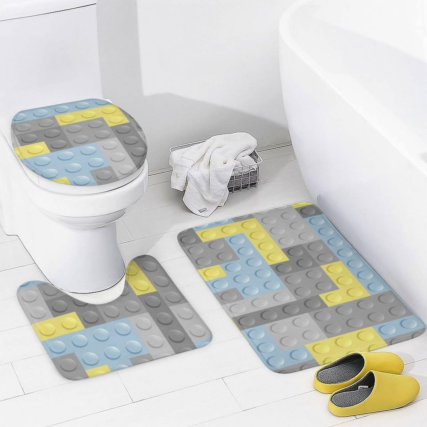 Building Blocks Bathroom Set, Funny Shower Curtain Set 4PCS with Non-Slip Rugs, Toilet Lid Cover Bath Mat and 12 Hooks
