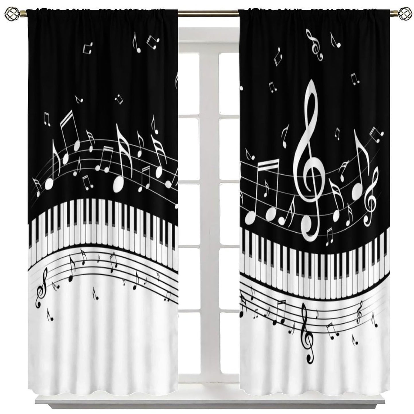 Music Notes Curtain, Black White Musical Notes Piano Key Musical Instruments Modern Romantic Art Window Drapes for Bedroom Living Room 42" W X 45" L(No Blackout)