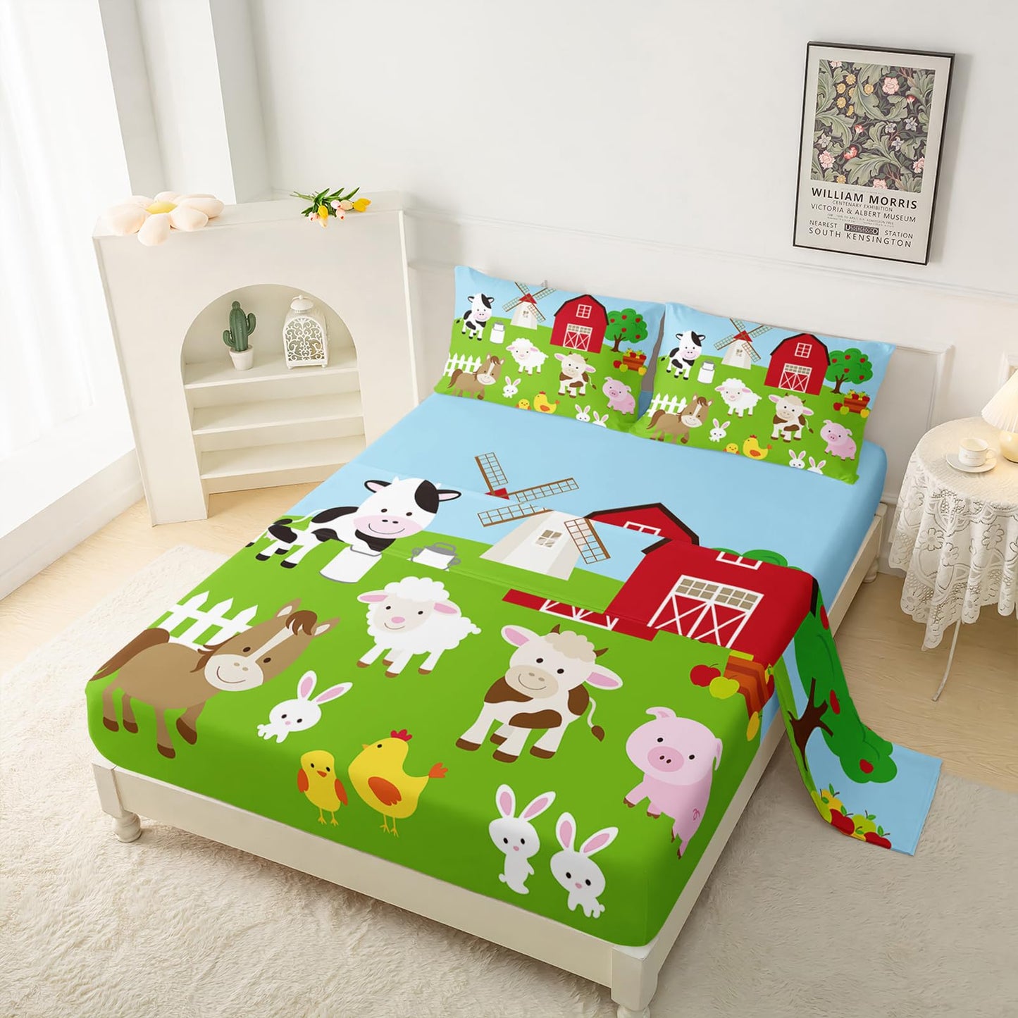 QOOMO Farm Animal Sheet Set,Farmhouse Kids Bed Sheets,Cow Pig Sheep 16" Deep Pocket Bed Sheet Set for Boys/Girls/Kids/Teens，4 Piece Sheet Set, 1 Fitted Sheet,1 Flat Sheet and 2 Pillowcases，Twin Size