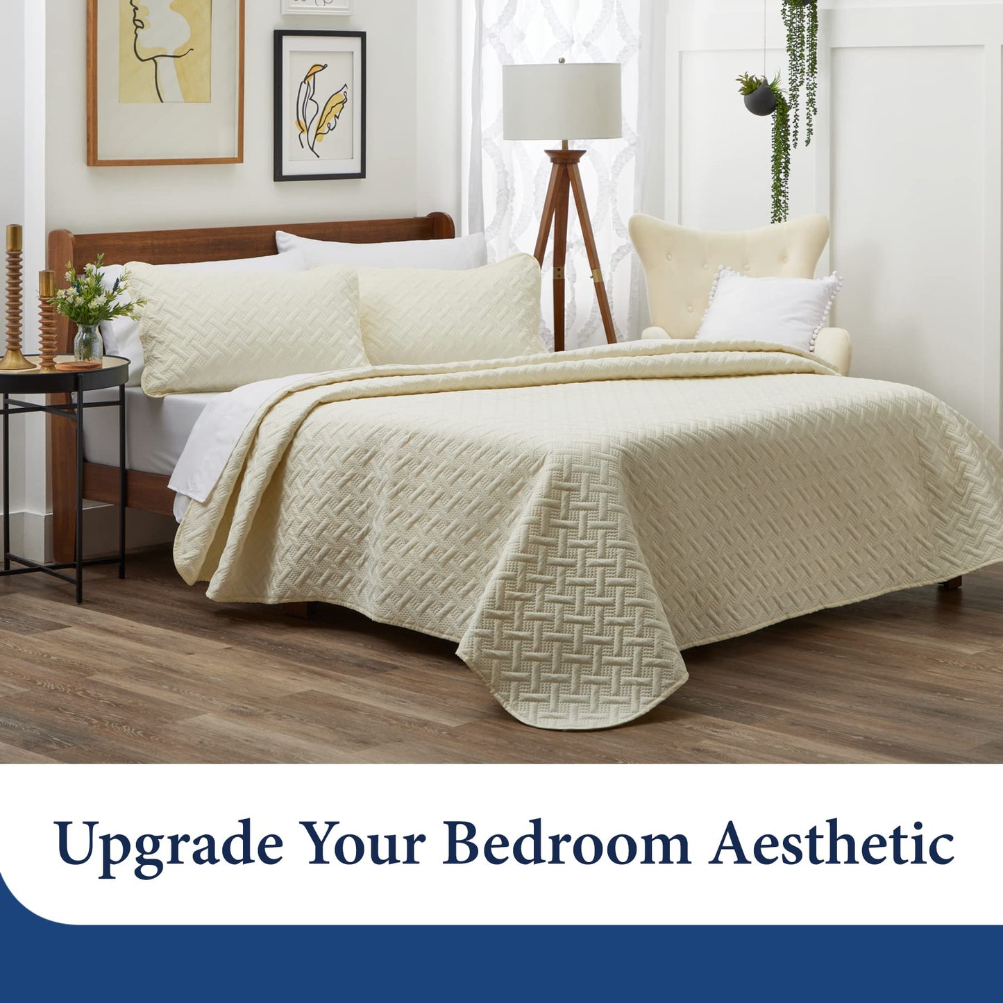 Cosy House Collection Luxury Rayon Derived from Bamboo 3-Piece Quilt Set - Ultra Soft Quilted Coverlet Bedspread - Classic Weave Stitch - Includes Quilt and 2 Pillow Shams (Full/Queen, Cream)