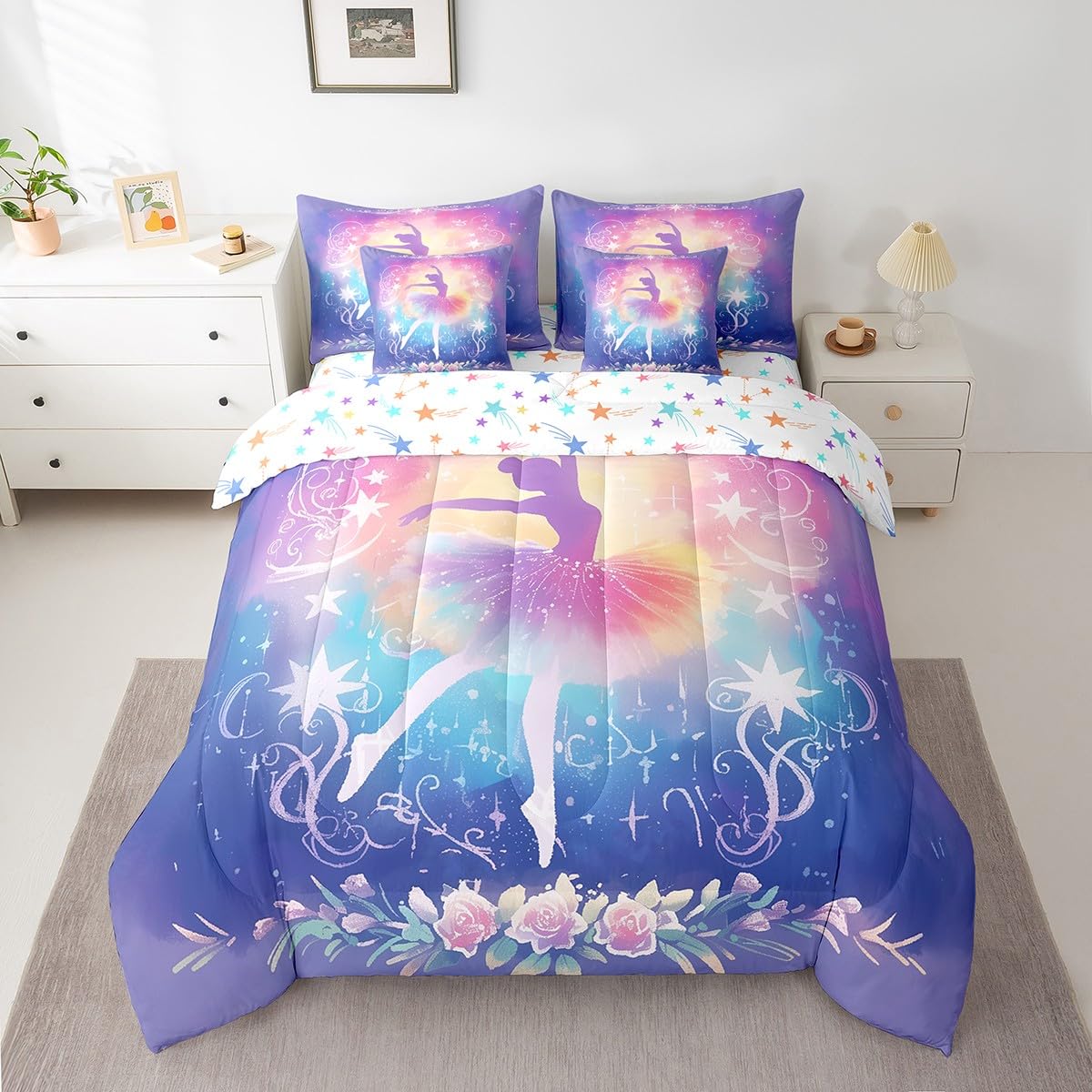 Feelyou Kids Ballet Dancer Comforter Set with Sheets Twin Size, Ballerina 7 Pieces Bedding Set Boys Girls Dreamy Princess Bed in A Bag Dancing Teens Bed Set Bedroom Decor 7Pcs