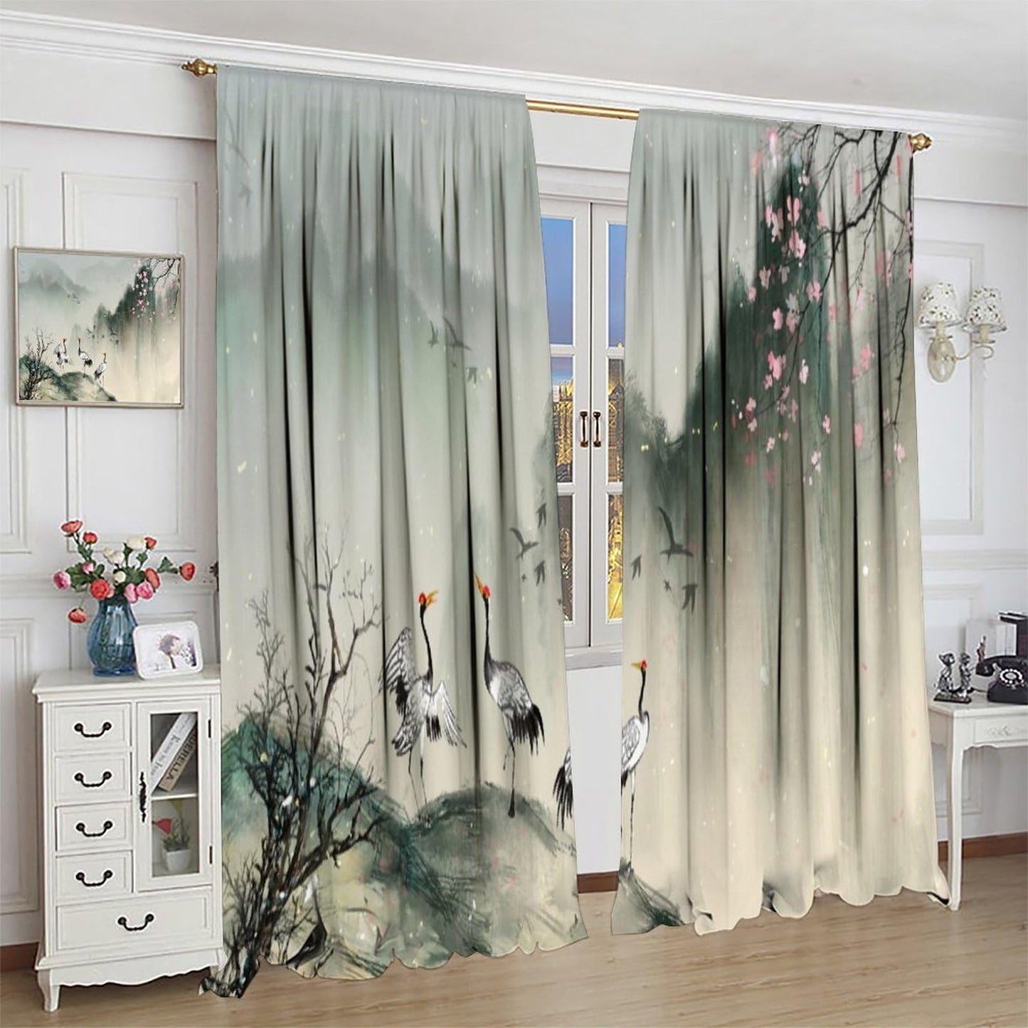 Asian Curtain Traditional Chinese Ancient Ink Landscape Painting Animal Crane Print Curtain for Kitchen Bedroom Living Room Blackout Privacy Curtain 42x45 Inch 2 Panels