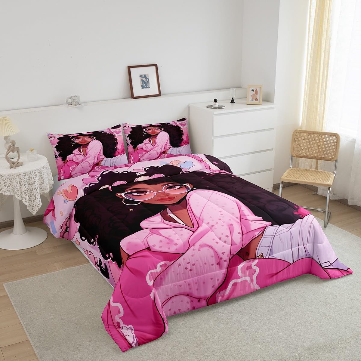 Black Princess Girly Kids Comforter Set Full Size,Cartoon Love Heart Print Bedding Set,Girls Women Room Decor,African American Little Girls Down Comforter,Pink Dreamy Duvet Insert,2 Pillowcases