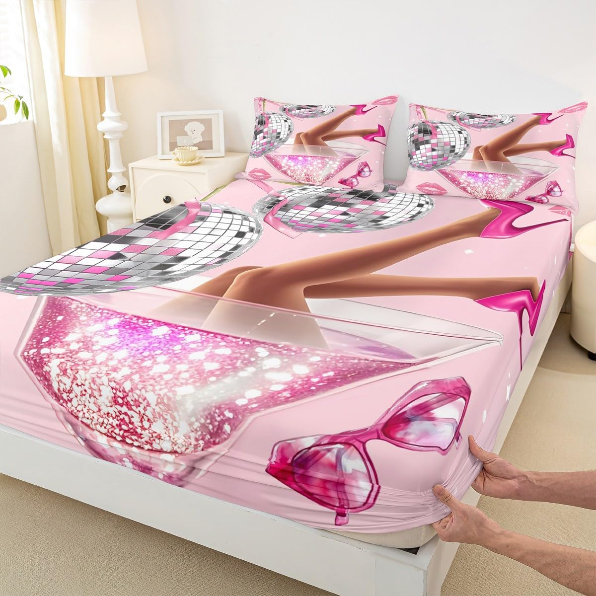 Erosebridal Pink Disco Ball Sheet Set King Size for Teens Girls Retro 70s Cherry Bow Preppy Bed Sheets Lips Modern Sheets Fantasy Fashion Coquette Aesthetic Bedding Set for Women