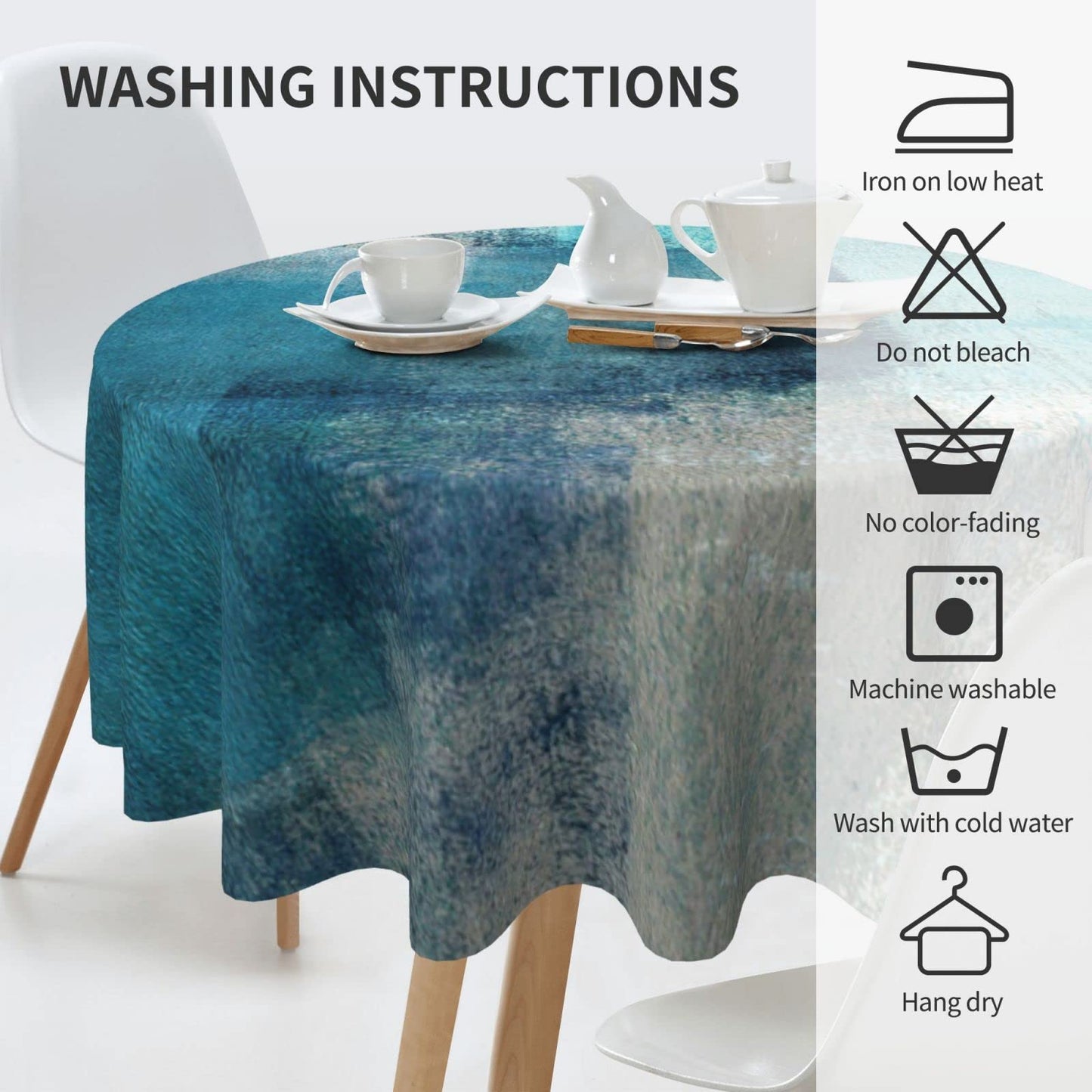 Yilad Teal Grey Abstract Art Painting Round Tablecloth Washable Reusable Decoration Table Cover for Kitchen Party 60"