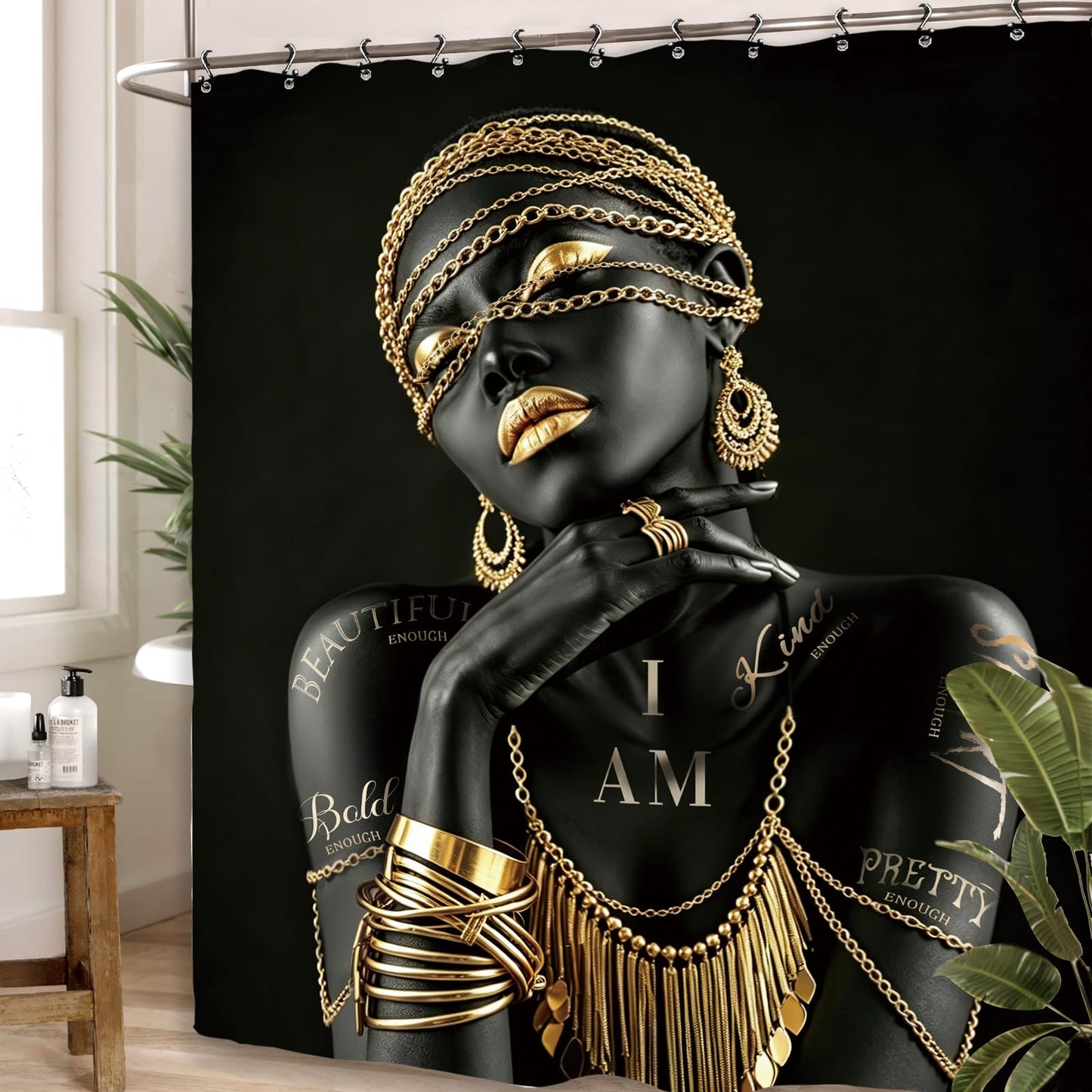 Yookeb African American Flower Bathroom Shower Curtain 60W by 71H Inch Black Gold Girl Woman Sexy Quotes Inspirational Motivational Positive Polyester Fabric 12 Hooks Waterproof Decor