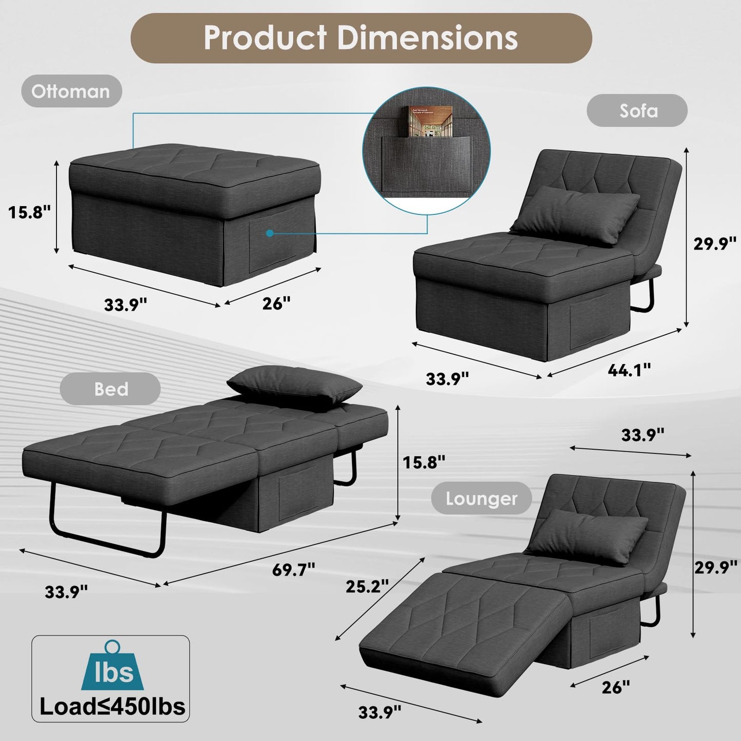 DSNAPE Ottoman Bed with 5-Level Adjustable Backrest, 70" D x 34" W 4-in-1 Convertible Sleeper Chair Bed, Folding Sofa Bed for Living Room, Apartment, Dorm & Small Space, Dark Grey
