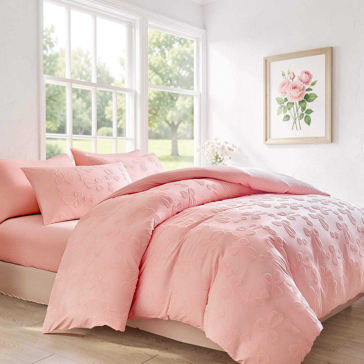 Jameswish 7 Pieces Bow Comforter Set for Girls Kids Pink Tufted Boho Bedding Set Queen Size Farmhouse Bed in A Bag as Gifts (1 Comforter, 1 Flat Sheet, 1 Fitted Sheet, 2 Pillowcase and 2 Pillow Sham)
