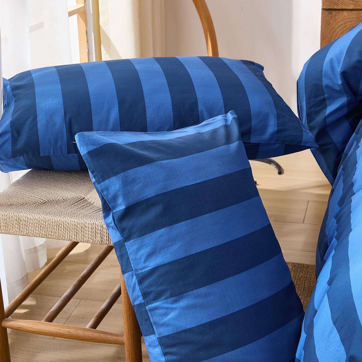 Merryword Blue Striped Comforter Set King Size, 100% Cotton Reversible Comforter Set 3 Pcs, Luxury Linen Like Bedding, Soft Breathable Lightweight Comforter for All Seasons