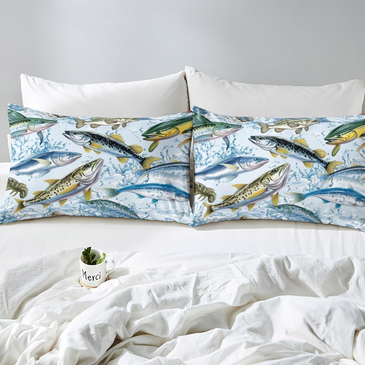 Bass Fish Bedding Sets Twin Size,Fishing Hunting Fitted Sheet 2Pcs for Kids Teens Men Adult Room Decor,3D Fish Animals Bed Sheet Modern Blue Green Deep Pocket Sheet,1 Pillowcase
