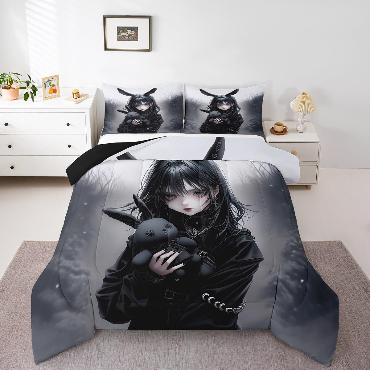 Erosebridal Anime Girl Bedding Set Full,Anime Gifts Comforter Set for Girls Women,Gothic 3D Japanese Girl Down Comforter,Black Gothic Bed Set Exotic Rabbit Printed Duvet Insert with 2 Pillowcases