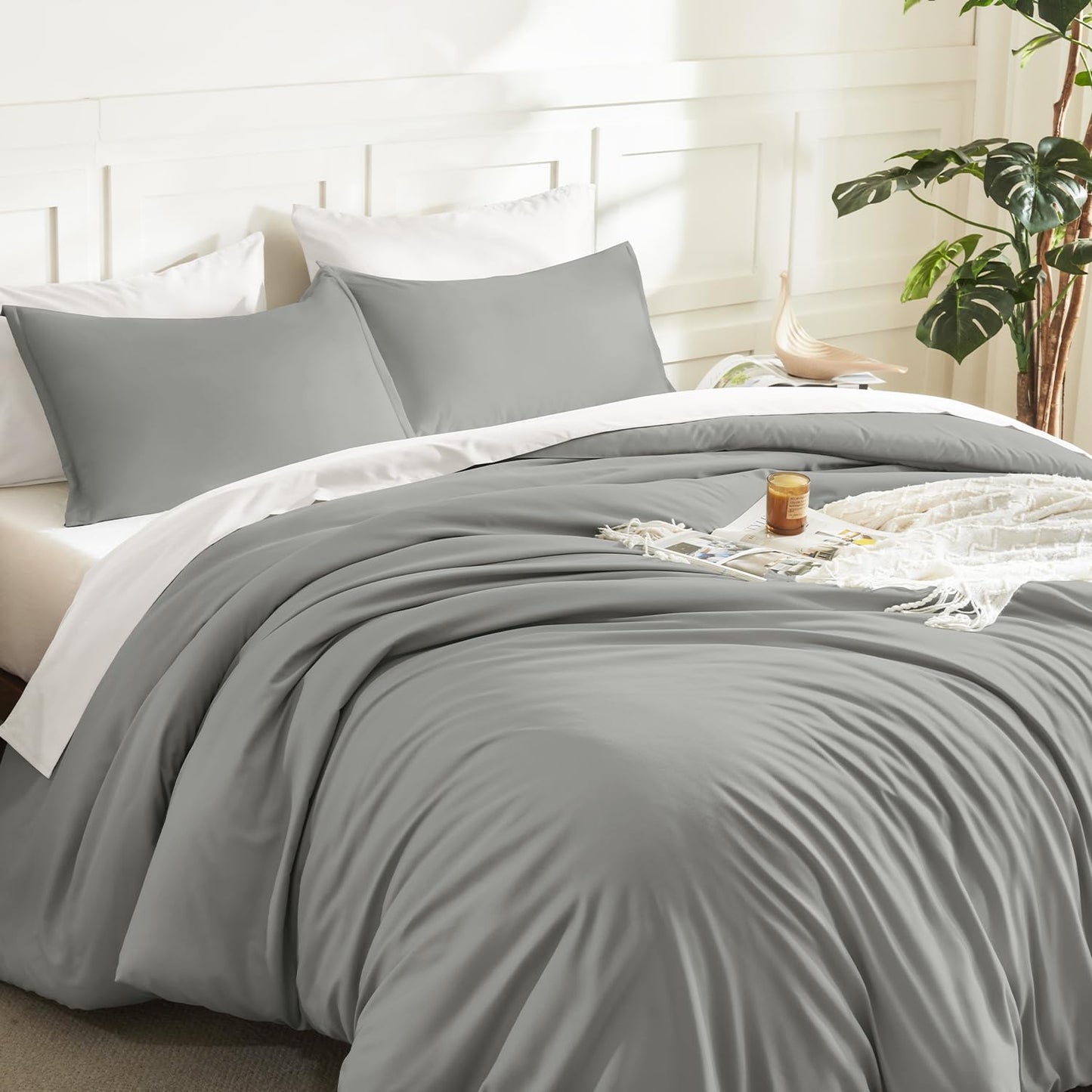 Litanika Comforters Medium Gray King Size, 3 Pieces Lightweight Solid Bedding Set & Collections, All Season Fluffy Bed Set (104x90In Comforter & 2 Pillowcases)
