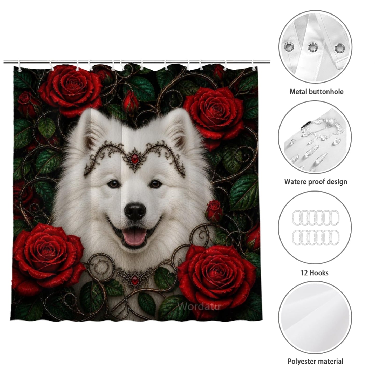 Wordatu Spring Summer Samoyed Red Rose Shower Curtain, Bathroom Decor Fabric Polyester Waterproof 12 Hooks 72Wx72H Inch for Bathtub and Bathroom