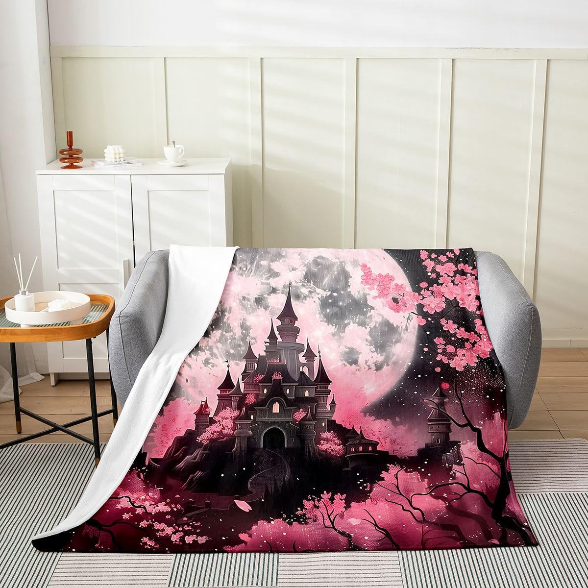 Feelyou Castle Flannel Blanket Plush Fuzzy Halloween Themed Fleece Throw Blanket for Boys Girls Cherry Blossoms Plush Lightweight Sofa Throw Goth Throw 50"x60" for Bed Couch Chair Living Room