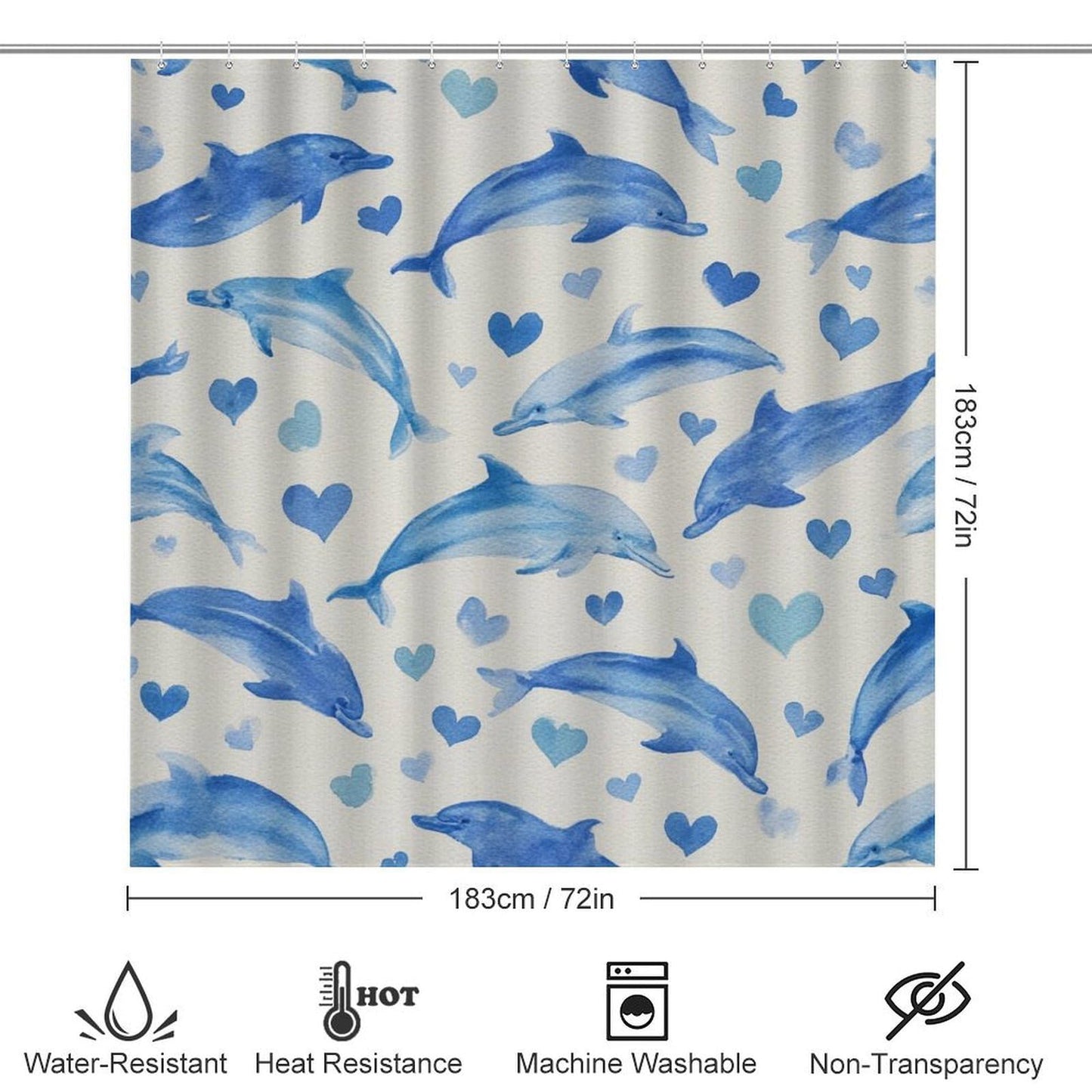 INSFBRB Funny Watercolor Dolphin Shower Curtain Sets with Rug,Toilet Lid Cover and Bath Mat,Modern Cute Ocean Wildlife Dolphin Love Heart Pattern 4 Piece Bathroom Set