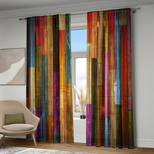 Abstract Art Colored Striped Printed Curtain,Pastoral Style Wood Grain Chic Pattern Light-filtering Curtains for Bedroom,Living Rooms,Office Decor,Rod Pocket Drapes, 52" × 84", Set of 2 Panels