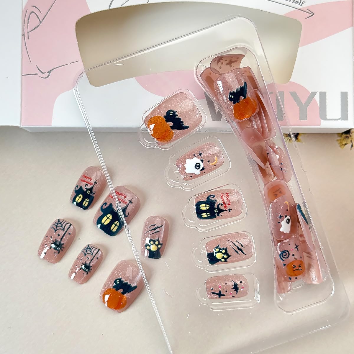 30Pcs Cute Cat Press on Nails Short Halloween Fake Nails with Goth Spider Web Pumpkin Bat Ghost Designs Pink Cat False Nails Full Cover Artificial Glue on Nails Star Stick on Nails for Women DIY