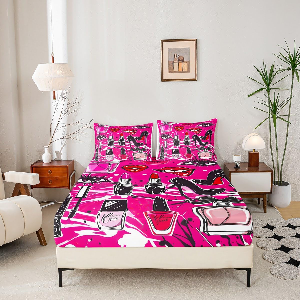 Homewish Makeups Fitted Sheet Queen,Red Lips High Heels Bedding Set 3pcs for Girls Woman Adult Room Decor, Beauty Graffiti Bed Cover Purple Bed Sheet Set with 2 Pillowcases