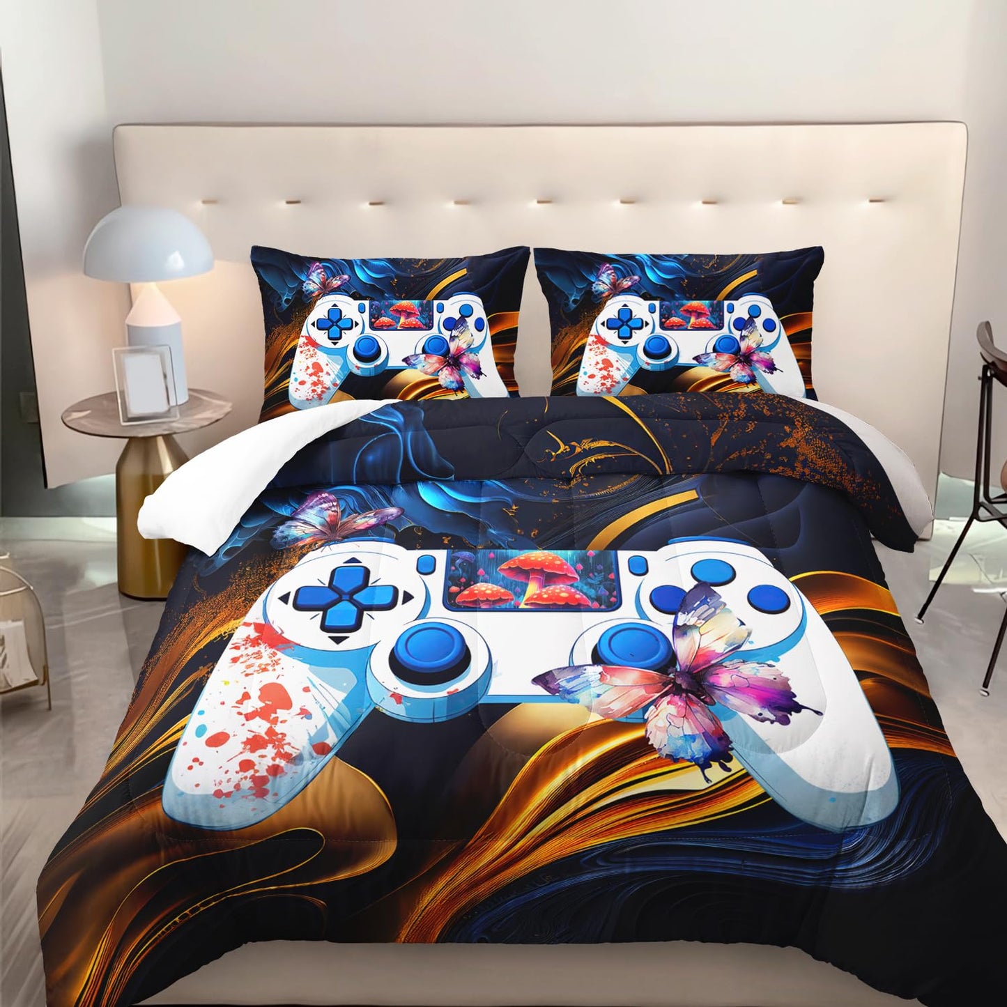 Nttopshi Gamer Comforter Set Queen Gaming Comforter Set 3pcs Bedding Set for Boys Girls Kids Mushroom Floral Down Alternative Soft Lightweight Comforter with 2 Pillowcases All Season