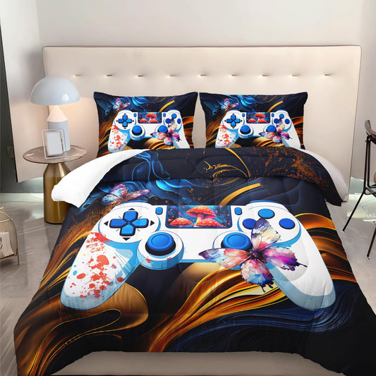 Nttopshi Gamer Comforter Set Queen Gaming Comforter Set 3pcs Bedding Set for Boys Girls Kids Mushroom Floral Down Alternative Soft Lightweight Comforter with 2 Pillowcases All Season