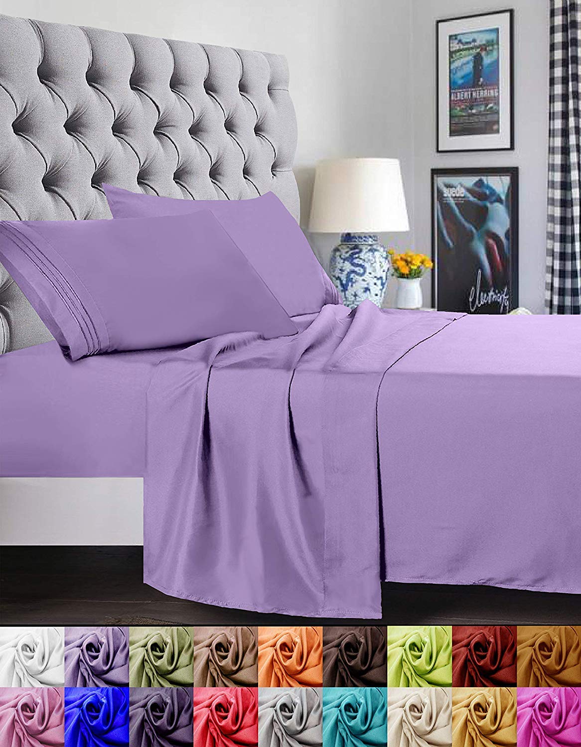 Elegant Comfort 1500 Premier Luxury Hotel Quality Super Soft Wrinkle Free and Fade Resistant 4-Piece Bed Sheet Set, Queen Lilac