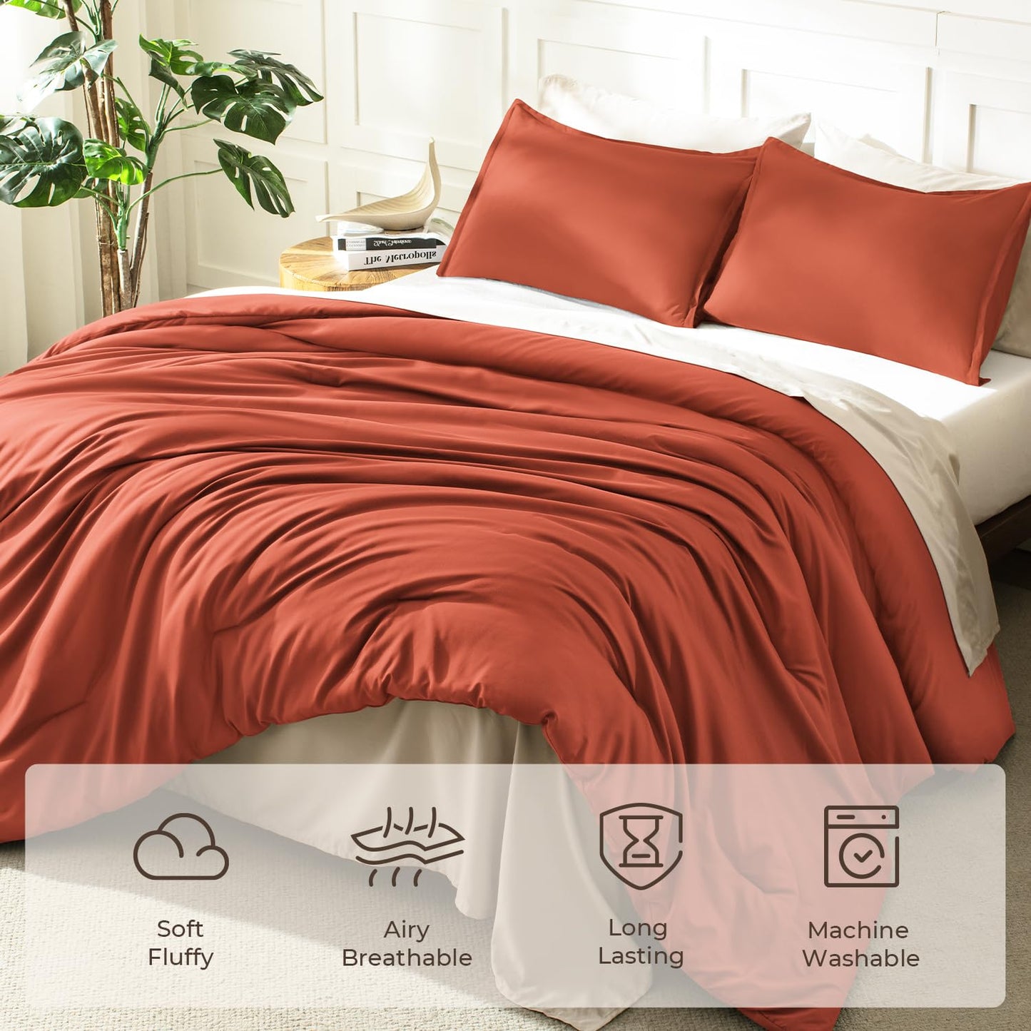 Litanika Comforter King Size Bed Set Burnt Orange, 3 Pieces Terracotta Boho Lightweight Fluffy Solid Bedding Comforter Set, Rust All Season (104x90In Comforter & 2 Pillowcases)