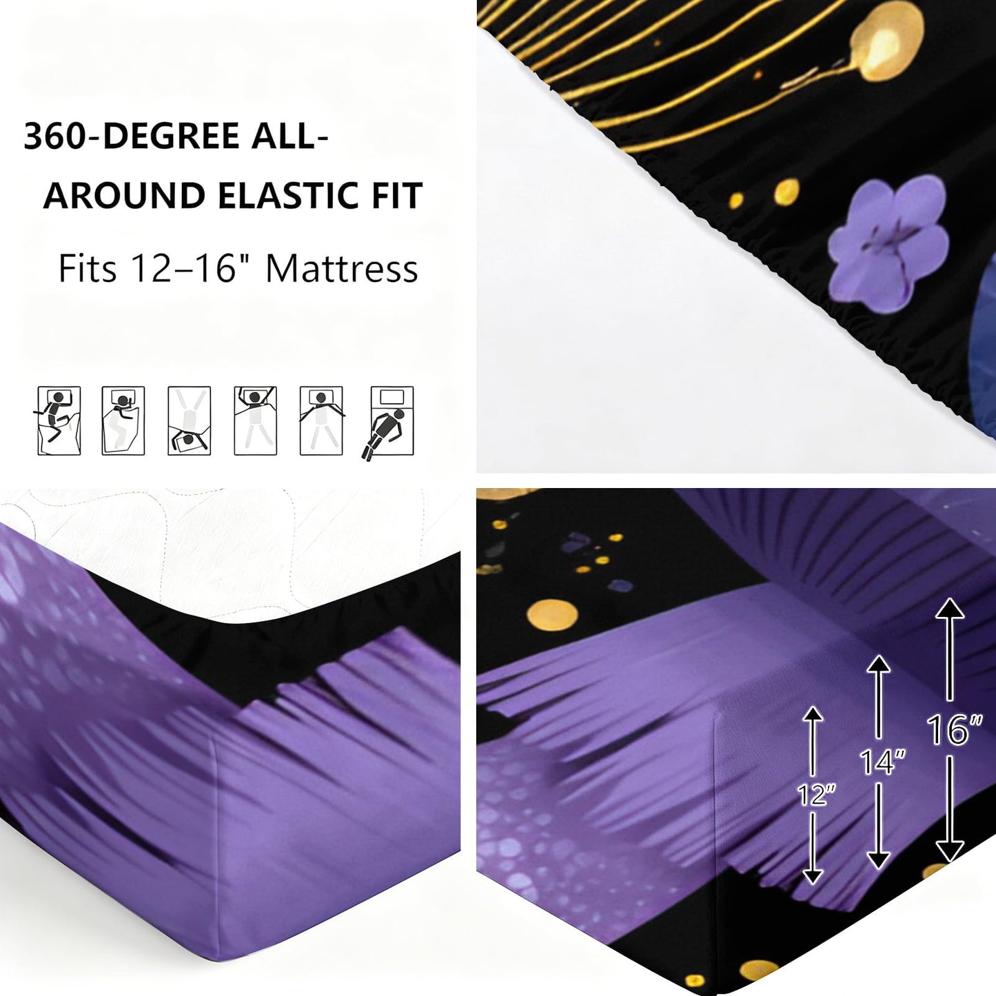 Purple Night Moth Sheet Set King for Women Girls Room, Kids Glowing Mushroom Enchanted Forest Bed Sheets Sets Exotic Floral Bedding Sheets Set Room Decor 4Pcs(Fitted & Flat Sheet+2 Pillowcases)