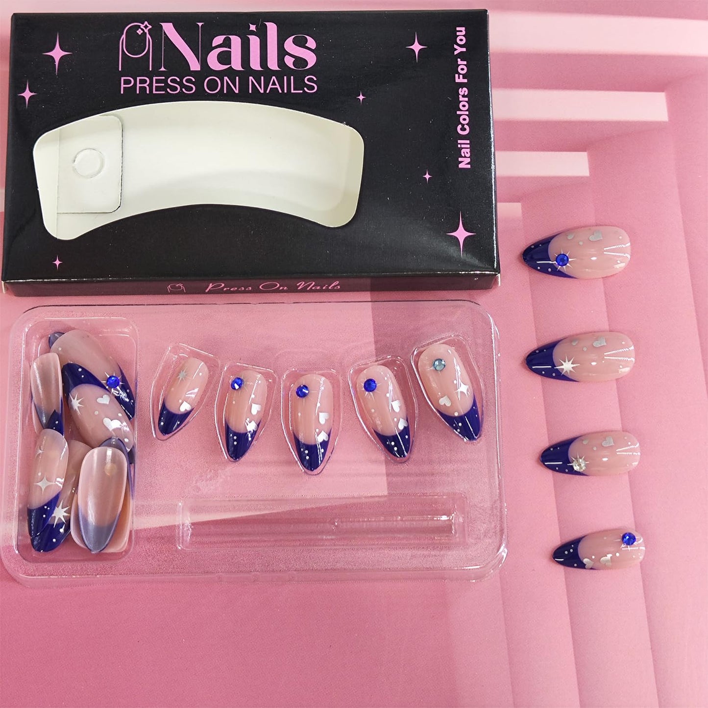 Medium Almond Press on Nails Blue French Tip Fake Nails with Star Rhinestone Designs Glossy Full Cover Stick on False Nail Set for Women 24 Pcs