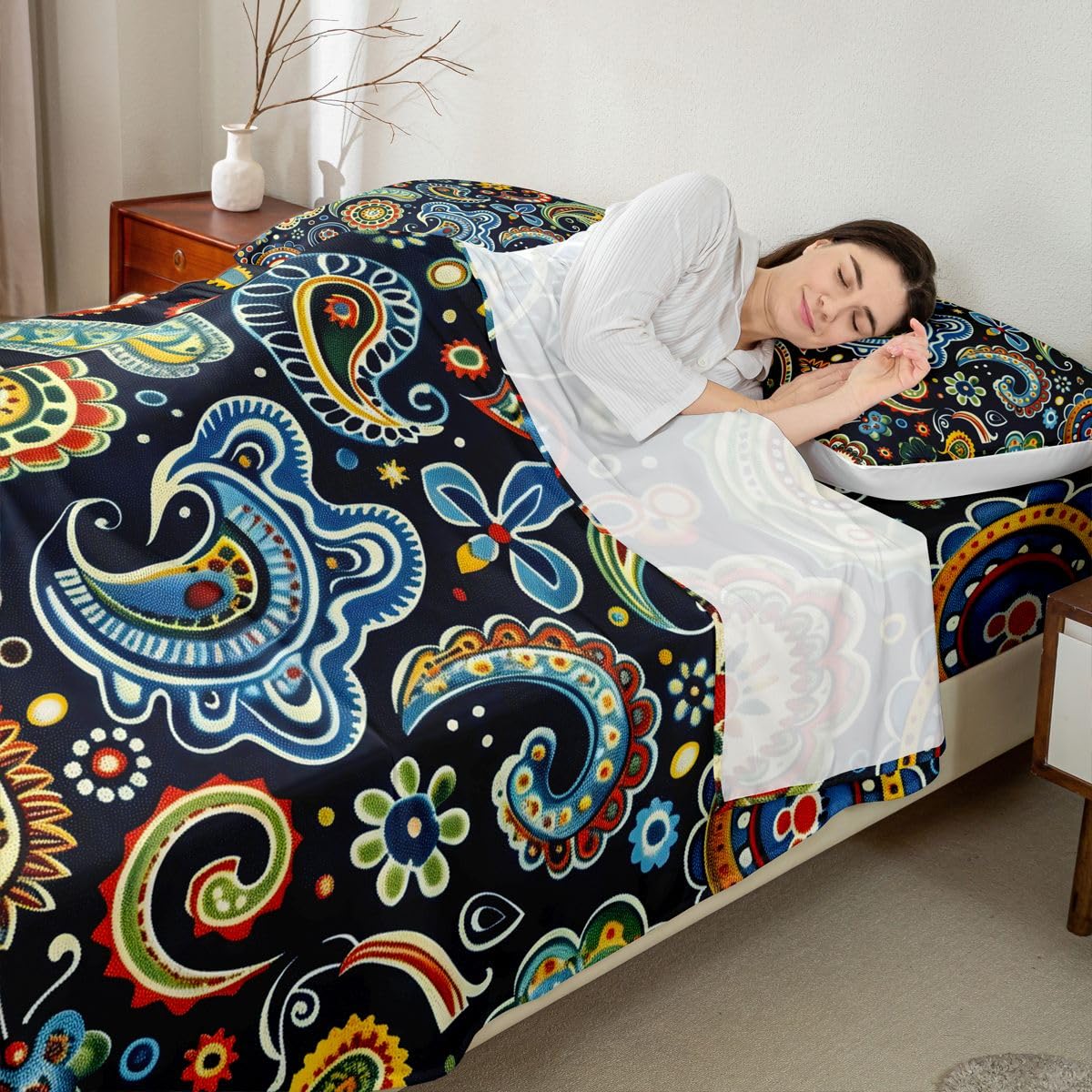 Feelyou Flower Bed Sheets Sets Queen Size Kids Boys Girls Paisley Bedding Set Boho Paisley Blue Print Bed Sheet Set with 16-Inch Deep Pockets Bohemian Exotic Style 4Pcs with 2 Pillow Cases