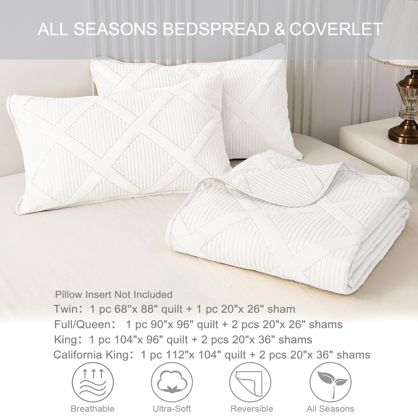 Exclusivo Mezcla Oversized King Quilt Set- White Cal King Quilts Bedding Set with 2 Pillow Shams, Modern Bedspread with Striped Pattern, Soft Lightweight Bedspreads Coverlets for All Seasons