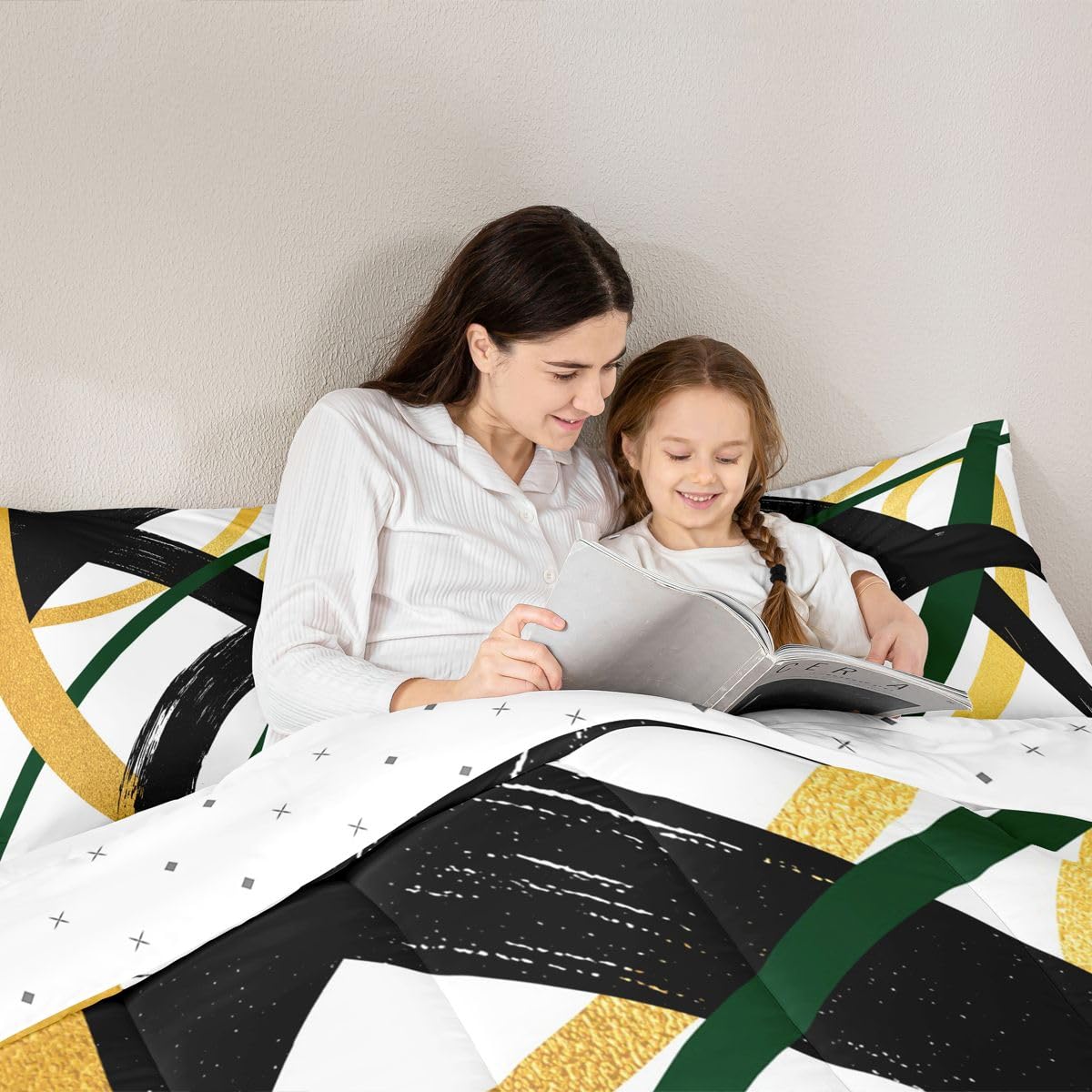 Feelyou Black Gold Green Comforter Set All Season Modern Abstract Geometric Bedding Set with 2 Pillow Cases Minimalist Neutral Microfiber Kids Queen Duvet Quilt Breathable Soft Lightweight
