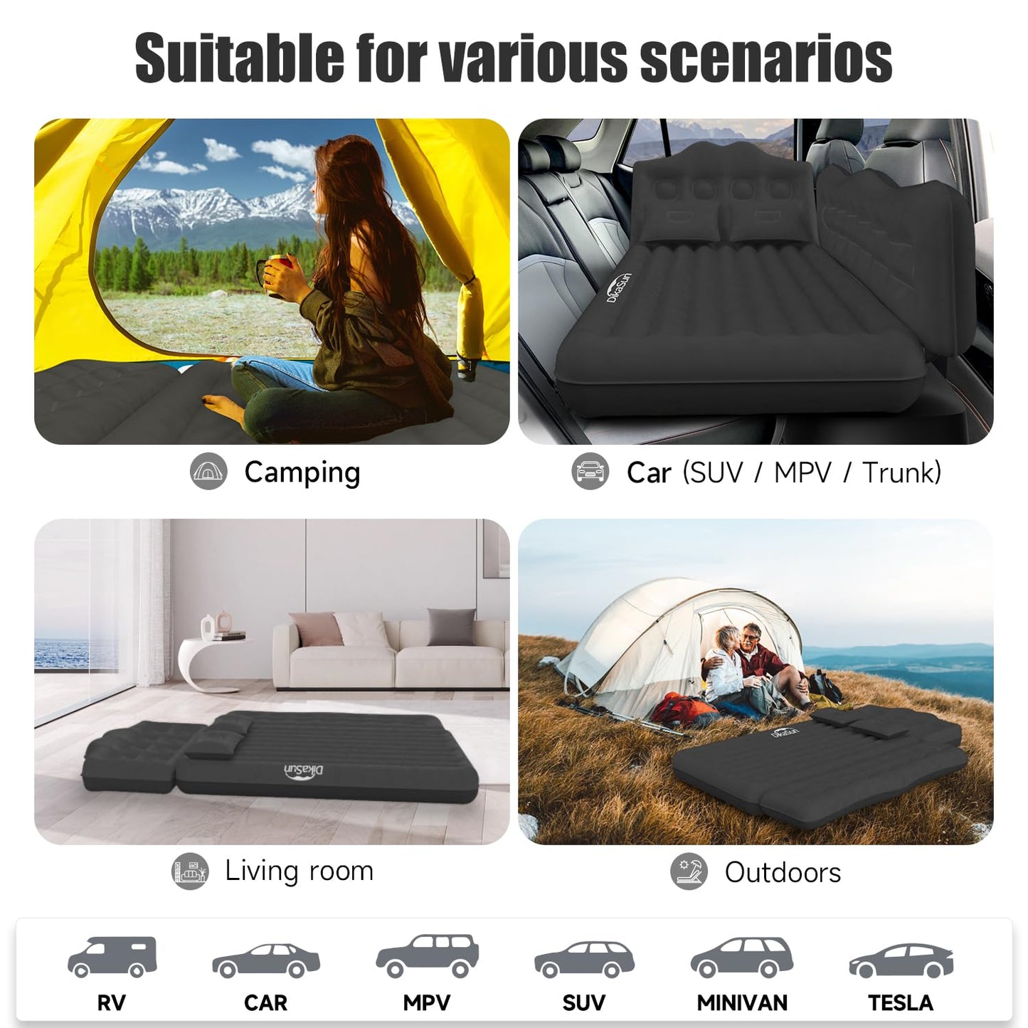 DikaSun Car Air Mattress, Inflatable SUV Truck Camping Mattress for Back Seat, Thickened Travel Car Bed Sleeping Pad with Air Pump 2 Pillows
