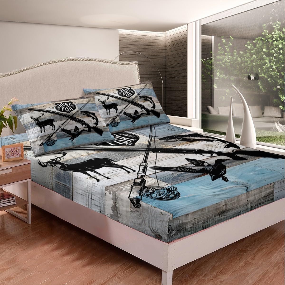Castle Fairy Kids Hunt Fish Bed Sheets King Size,Deer Bird Fish Animal Hunting,Quality Brushed Microfiber Luxury Bedding SetRustic Retro Wooden Board with 1 Flat,1 Fitted Sheet,2 Pillowcases