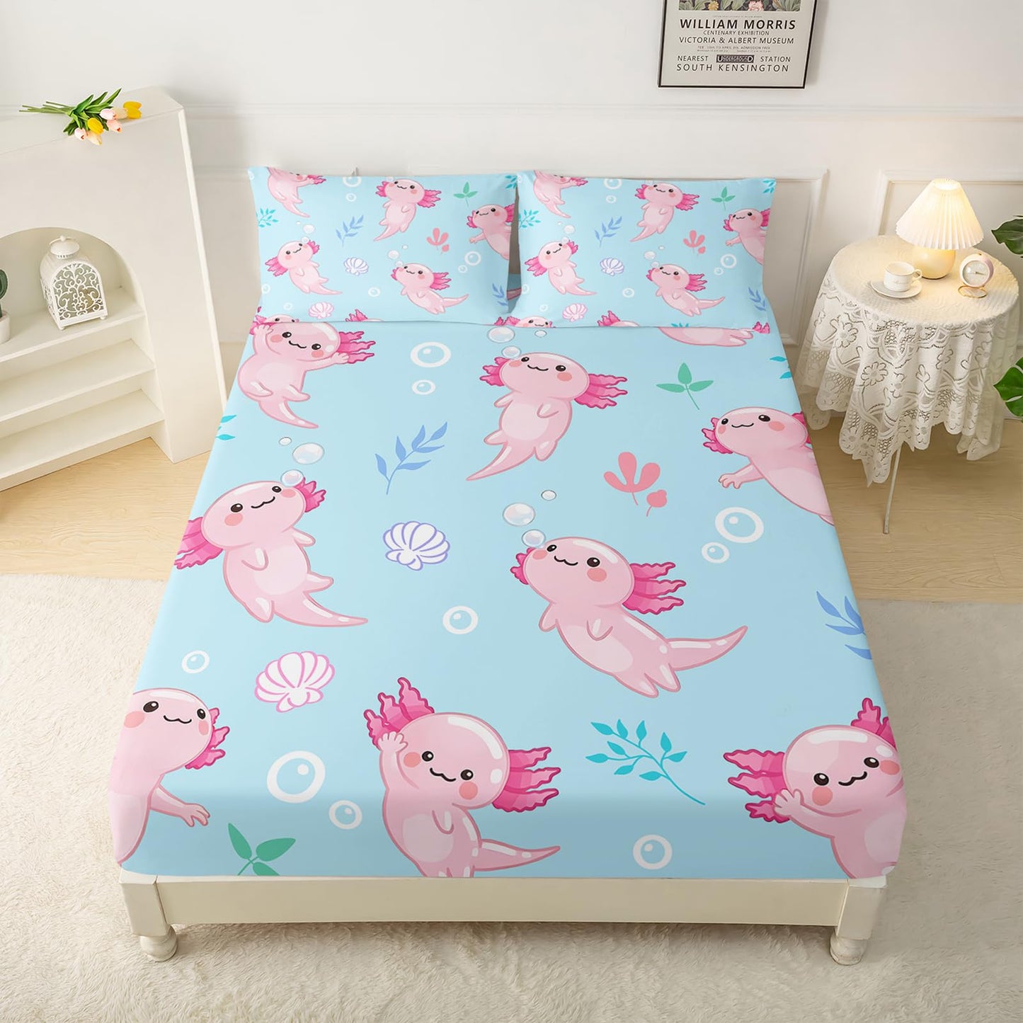 QOOMO Kawaii Marine Life Silky Soft Microfiber Bed Sheets Cute Axolotl Super Soft Kids Bedding Set Blue Ocean Breathable Room Decoration Queen Size 1 Fitted Sheet, 1 Flat Sheet, 2 Pillow Cases