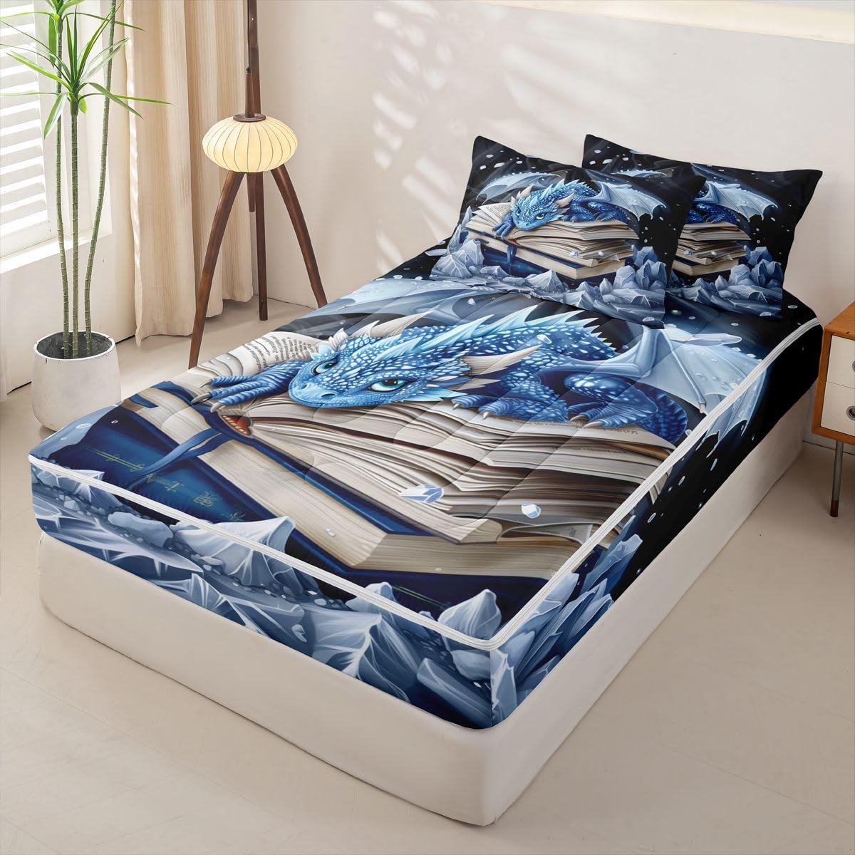 jejeloiu Blue Dragon Zipper Bedding Twin Cartoon Animal Zipper Bedding Sets for Kids Boys Girls Flying Dragon Comforter Set with Fitted Sheet and 2 Pillowcases Mysterious Animal Bedroom Decor