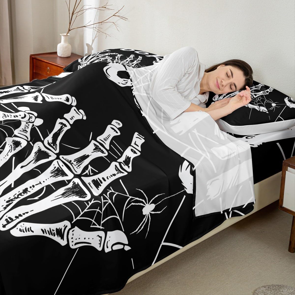 Feelyou Halloween Decor Bed Sheets Set Full Size Skeleton Bones Bed Set Gothic Deep Pocket Fitted Sheet Spider Web Breathable Soft Lightweight Microfiber
