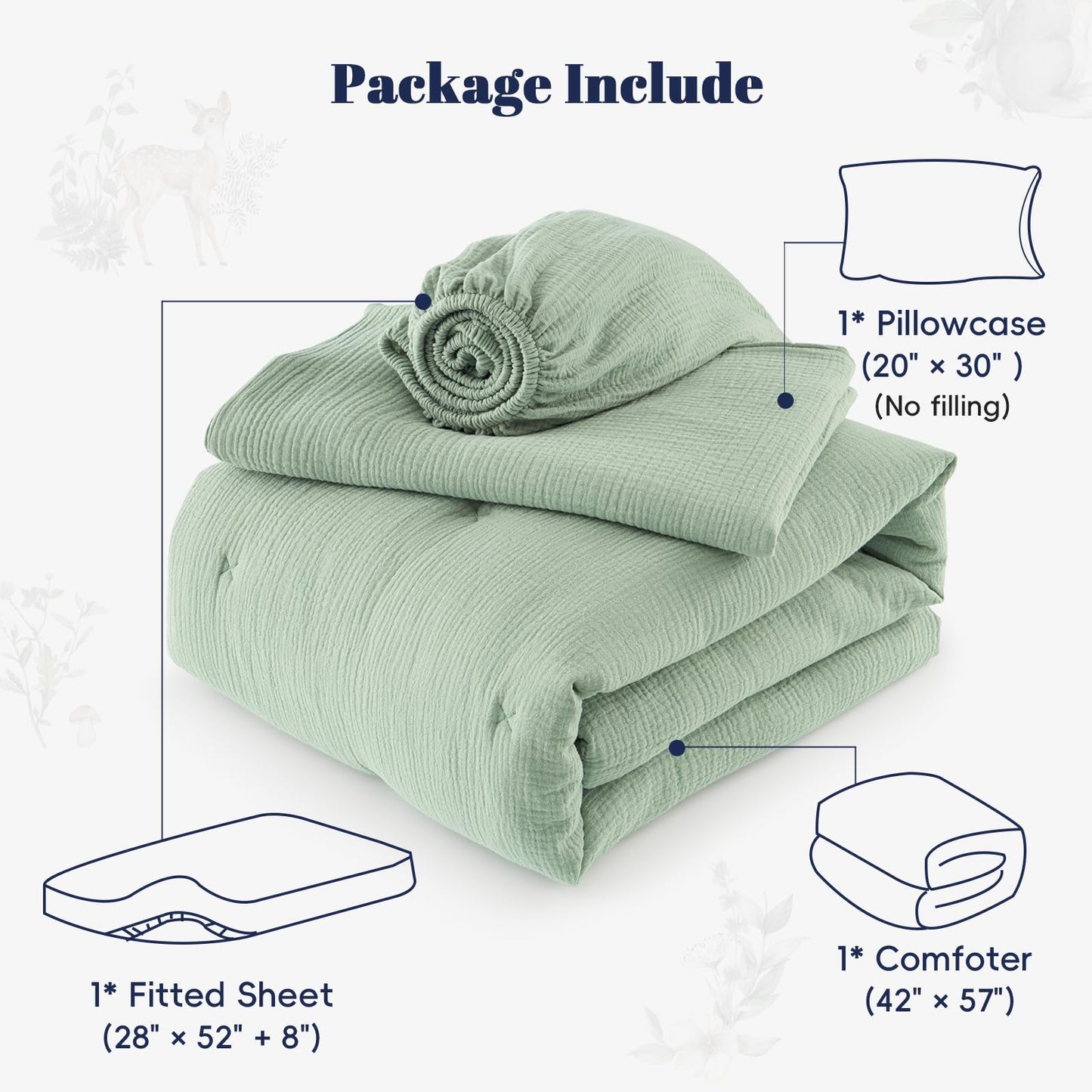 PHF Cotton Muslin Toddler Bedding Set, Soft 3 Piece Toddler Comforter Kids Bed Set, Green Bedding Set for Boys