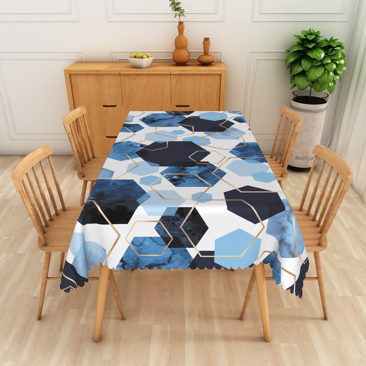 SIEDYCV Modern Blue Gold White Geometric Tablecloth, 60x102 Inch Elegant Hexagons Abstract Art Marble Texture Fabric Table Cloth,Waterproof Table Cover for Kitchen Dining Room Banquet Party Decor