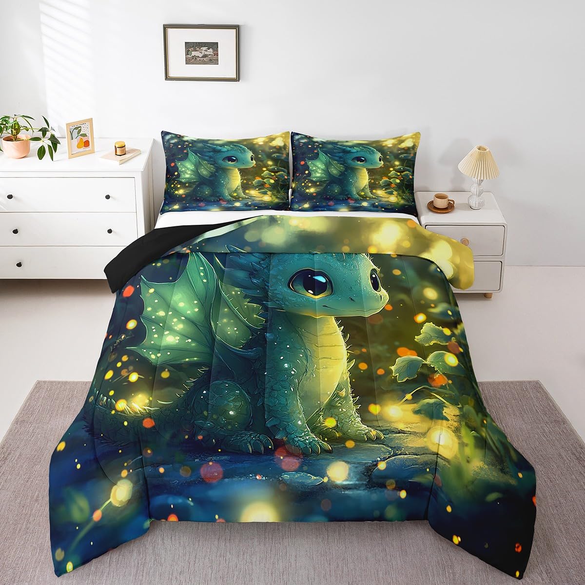Feelyou Dragon Comforter Set Twin Size Dragon Stuff Comforter for Boys Girls Teens Kawaii Bedding Set Room Decor Bright Green Quilt Set