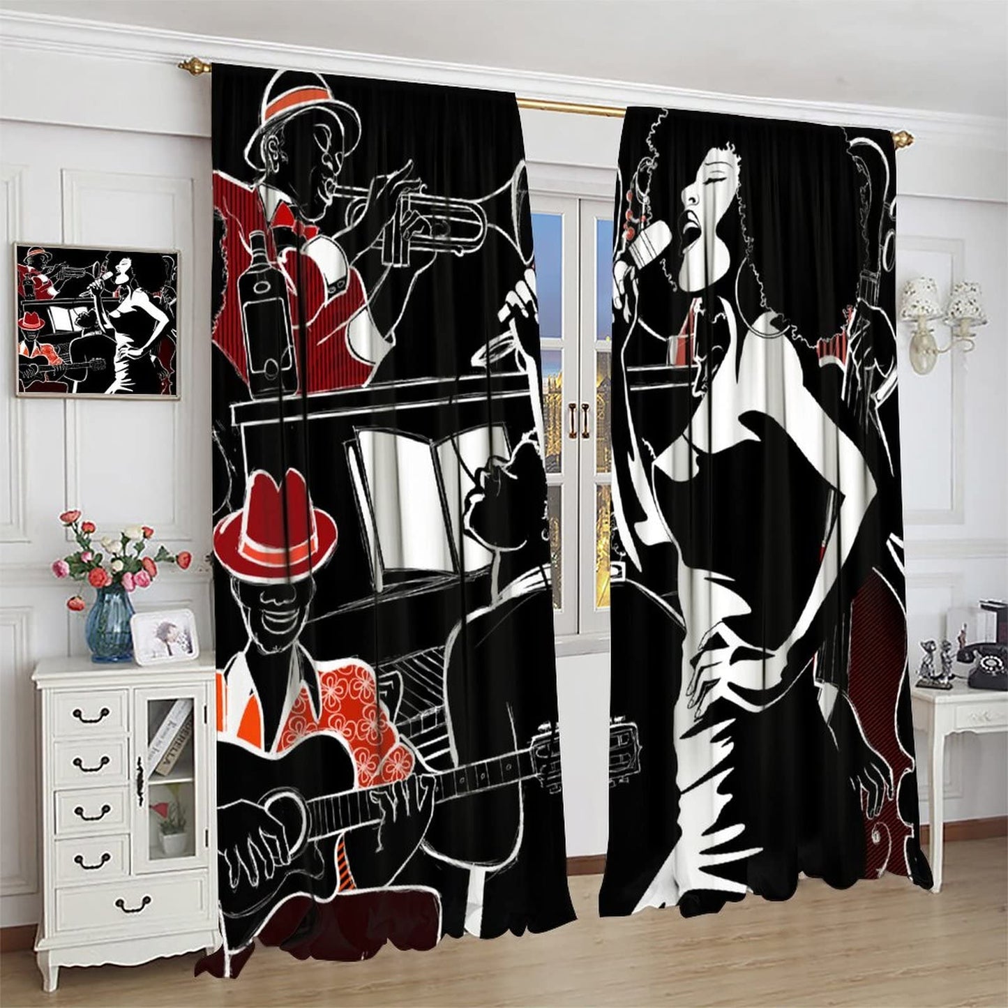 Modern Abstract African American Curtains, Jazz Band Afro Black Woman Singer Performer Silhouette, Thermal Insulation Blackout Window Treatments Rod Pocket for Living Room Bedroom Bathroom 42x45in
